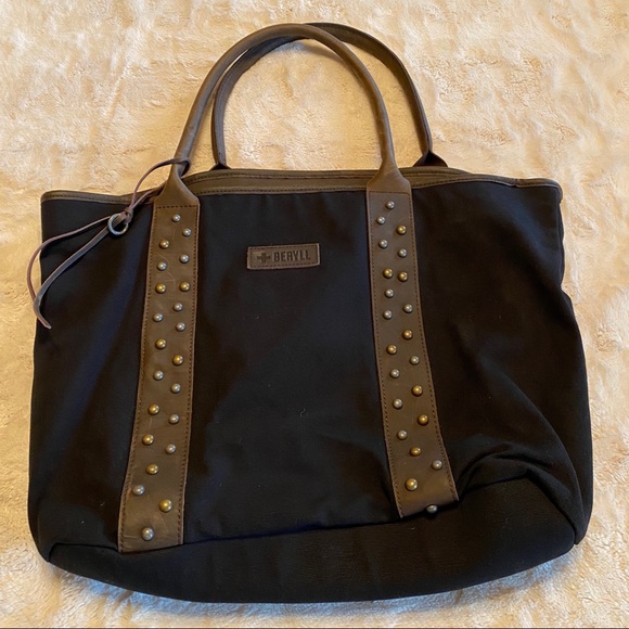 Beryll Black & Brown Canvas Leather Tote with studded design - Picture 13 of 17